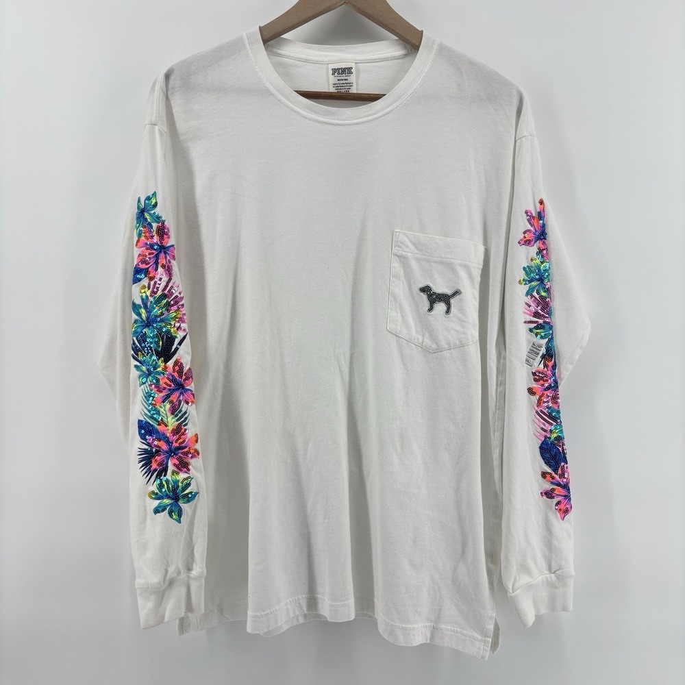 VS Victoria's Secret Pink Tropical Hibiscus Bling Campus Tee Medium White Sequin